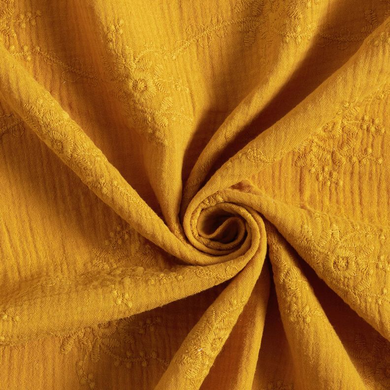 Muślin / Tkanina double crinkle motyw kwiatowy ton w ton – żółty curry,  image number 3