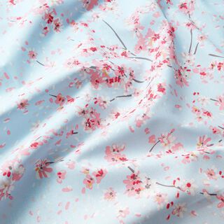 Tkanin dekoracyjna Half panama gałązki kwitnącej wiśni – jasnoniebieski/róż, 