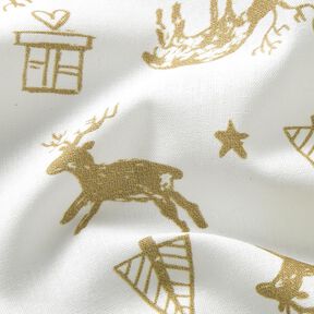 Tkanina bawełniana Kreton renifery i gwiazdy – kość słoniowa/złoto, 