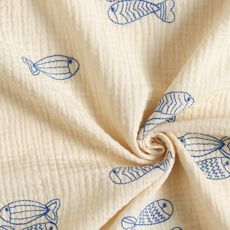 Muślin / Tkanina double crinkle haftowane ryby | Poppy Fabrics – mleczna biel/błękit królewski,  image number 3