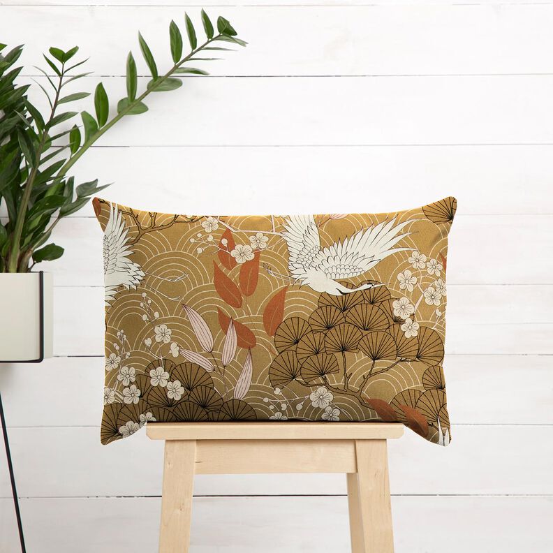 Tkanin dekoracyjna Płótno artystyczne żurawie – musztarda/kość słoniowa,  image number 6