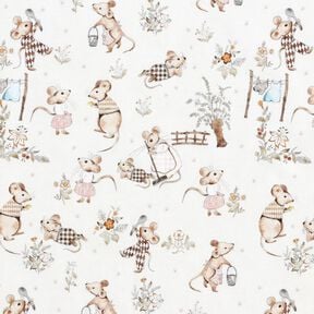 Dżersej bawełniany mysia rodzina nadruk cyfrowy – mleczna biel, 