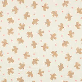 GOTS Muślin / Tkanina double crinkle ptaki i serca | Poppy Fabrics – mleczna biel, 