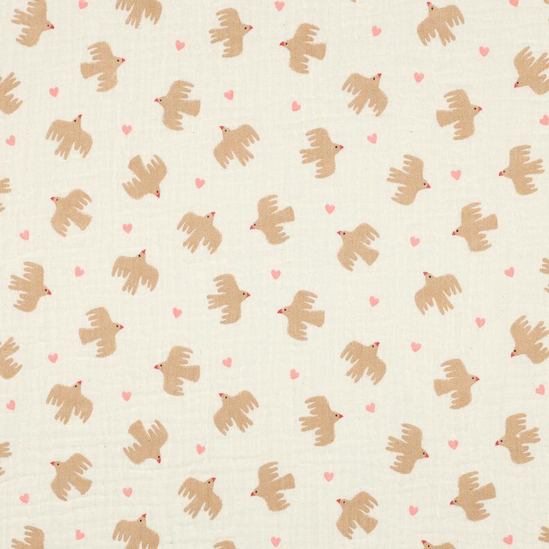 GOTS Muślin / Tkanina double crinkle ptaki i serca | Poppy Fabrics – mleczna biel, image number 1