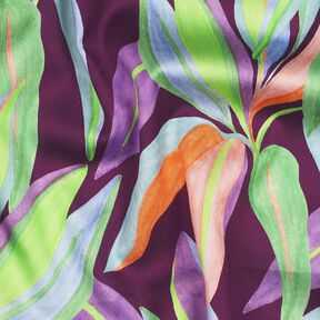 Satyna bawełniana nadruk cyfrowy w liście | Poppy Fabrics – bakłażan/jasna zieleń, 