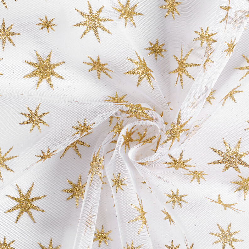 tiul w brokatowe gwiazdki – biel/złoto,  image number 3