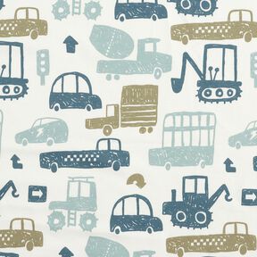 Dzianina dresowa p?telkowa French Terry rysunkowe pojazdy &ndash; biel/b??kit, 