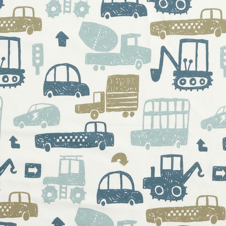 Dzianina dresowa p?telkowa French Terry rysunkowe pojazdy &ndash; biel/b??kit,  image number 1