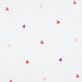 Muślin / Tkanina double crinkle haftowane serca | Poppy Fabrics – biel/różowy, 