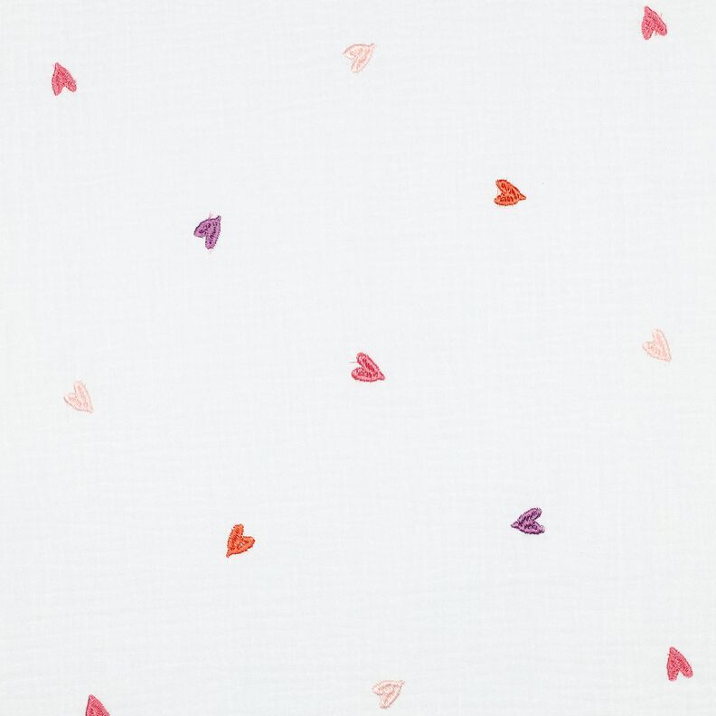 Muślin / Tkanina double crinkle haftowane serca | Poppy Fabrics – biel/różowy,  image number 1