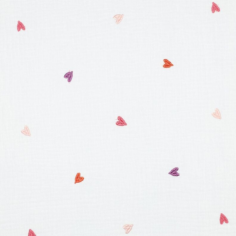 Muślin / Tkanina double crinkle haftowane serca | Poppy Fabrics – biel/różowy, image number 1