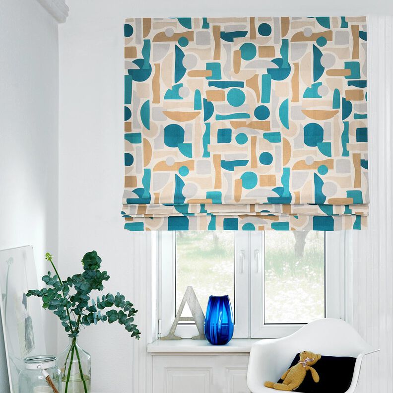 Tkanin dekoracyjna Half panama abstrakcyjne kształty – naturalny/petrol,  image number 6