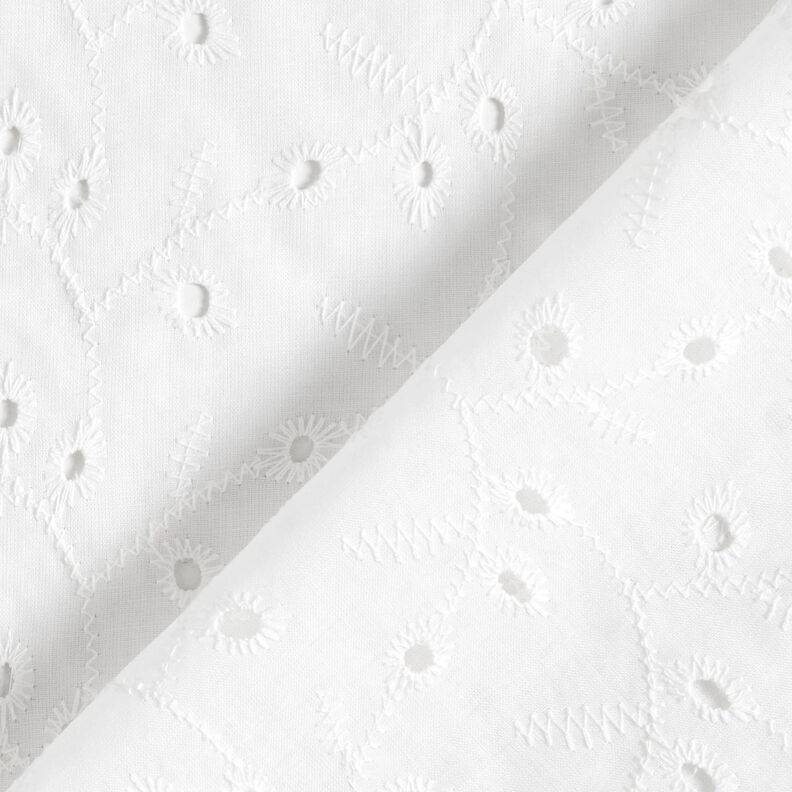 Tkanina bawełniana z haftem angielskim i motywami kwiatowymi – biel,  image number 4