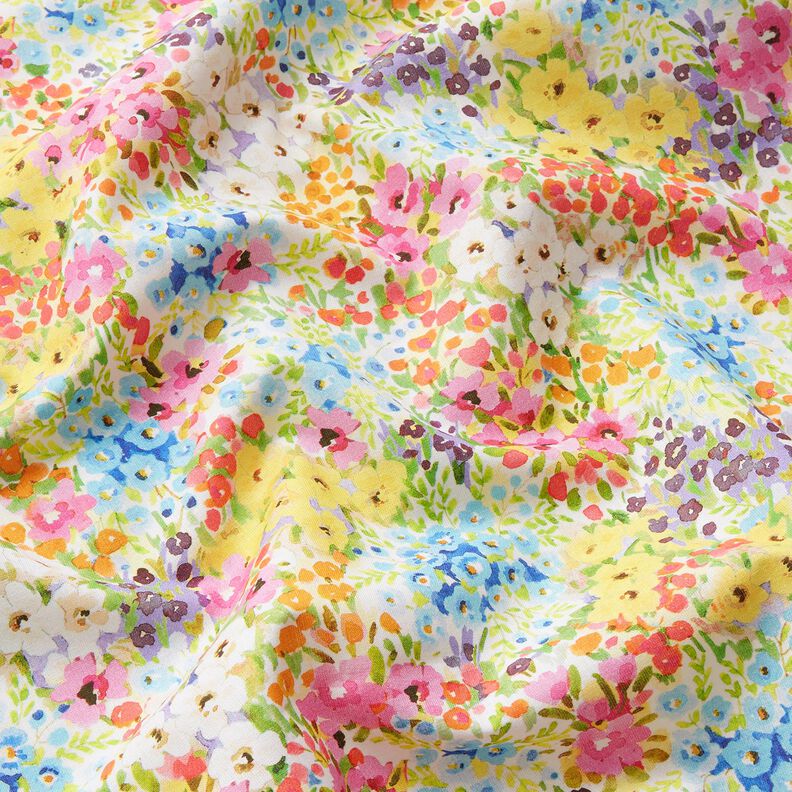 Tkanina bawełniana Popelina kolorowe kwiaty – lawendowy/błękit,  image number 2