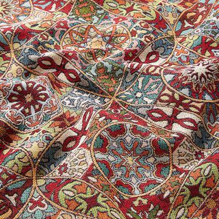 Tkanin dekoracyjna Gobelin misterne ornamenty – jasnobeżowy/czerwień karminowa, 