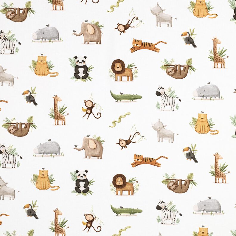 GOTS Dżersej bawełniany urocze zwierzęta stepowe nadruk cyfrowy | Poppy Fabrics – biel/jasna oliwka,  image number 1