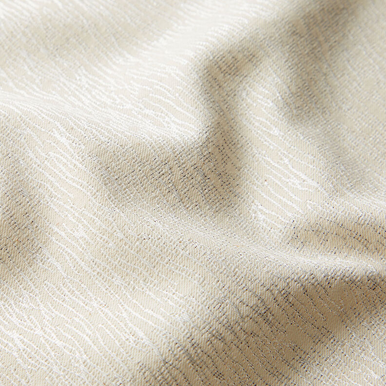 Żakard odzieżowy z połyskującymi serpentynowymi liniami – biel/srebro,  image number 2