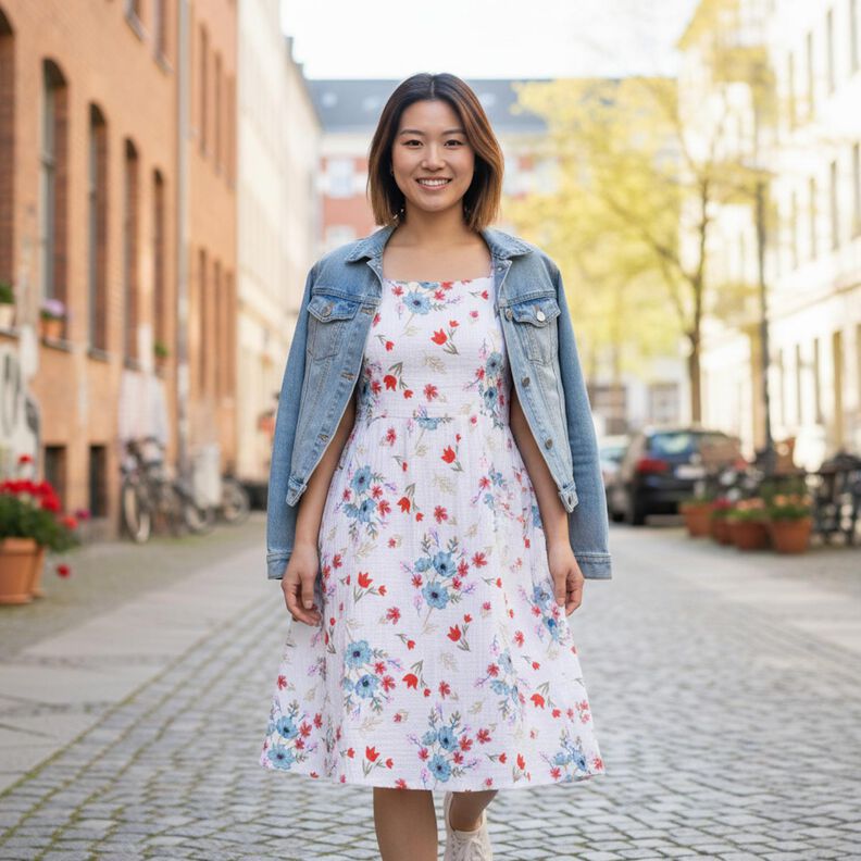 Muślin / Tkanina double crinkle wiosenne kwiaty z tulipanami &ndash; biel/pomarańcza,  image number 5