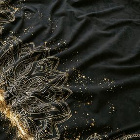 Dżersej bawełniany Tkanina z bordiurą, mandala barokowa i złote plamki | Glitzerpüppi – czerń, 