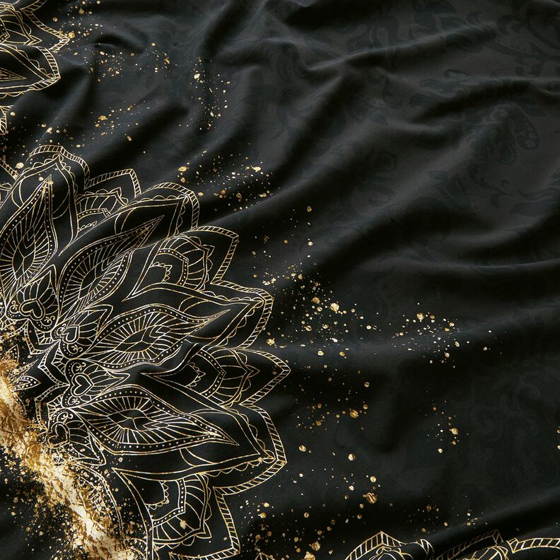 Dżersej bawełniany Tkanina z bordiurą, mandala barokowa i złote plamki | Glitzerpüppi – czerń,  image number 1