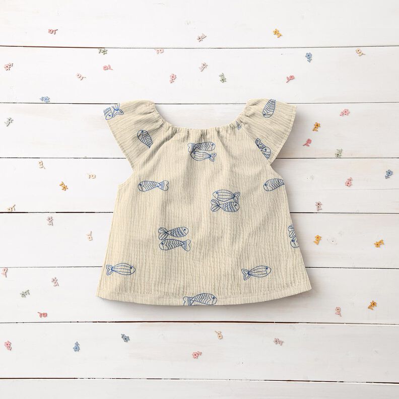 Muślin / Tkanina double crinkle haftowane ryby | Poppy Fabrics – mleczna biel/błękit królewski,  image number 8