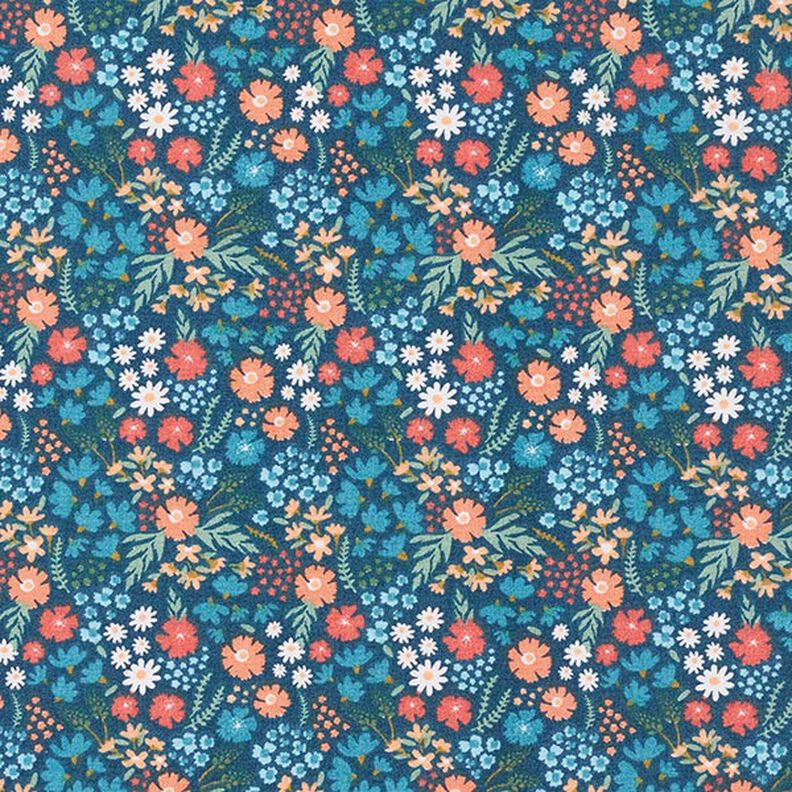 Popelina z bawełny organicznej słodkie kwiatki – niebieski oceaniczny,  image number 1
