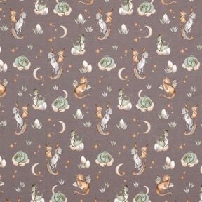 Dzianina dresowa pętelkowa French Terry śliczne smoki nadruk cyfrowy – ciemny szarobrązowy, 