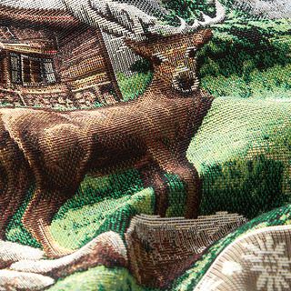 Panel dekoracyjny Gobelin jeleń i chata górska – brąz/zieleń, 