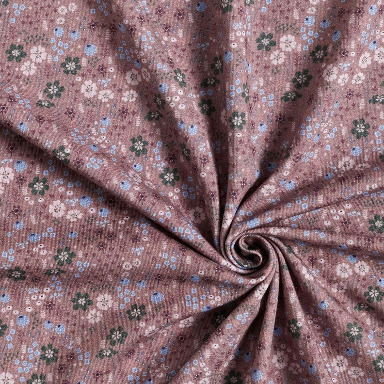 Dżersej bawełniany leśna łąka kwiatowa nadruk cyfrowy – ciemny brudny róż,  image number 3