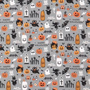 Tkanina bawełniana Popelina Happy Halloween – szary słoniowy/jasnopomarańczowy, 