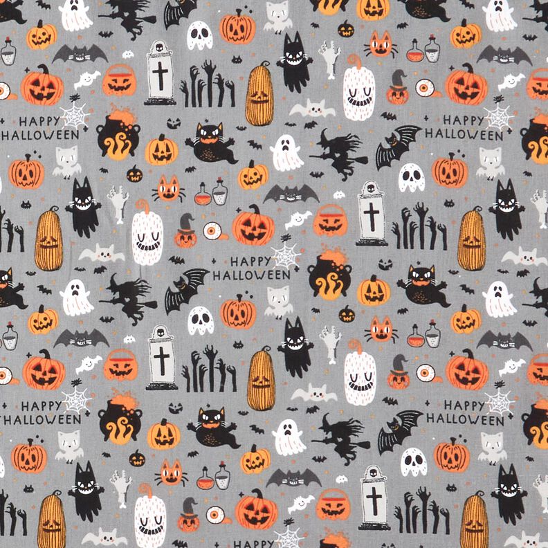 Tkanina bawełniana Popelina Happy Halloween – szary słoniowy/jasnopomarańczowy,  image number 1