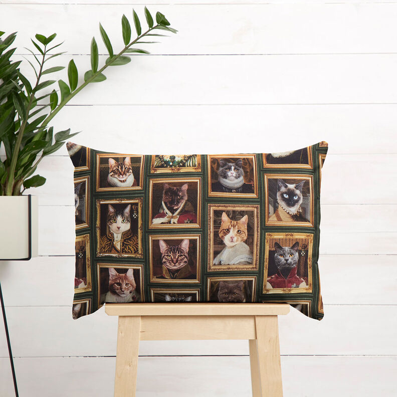 Tkanin dekoracyjna Half panama portrety kotów – ciemna zieleń/złoto,  image number 8