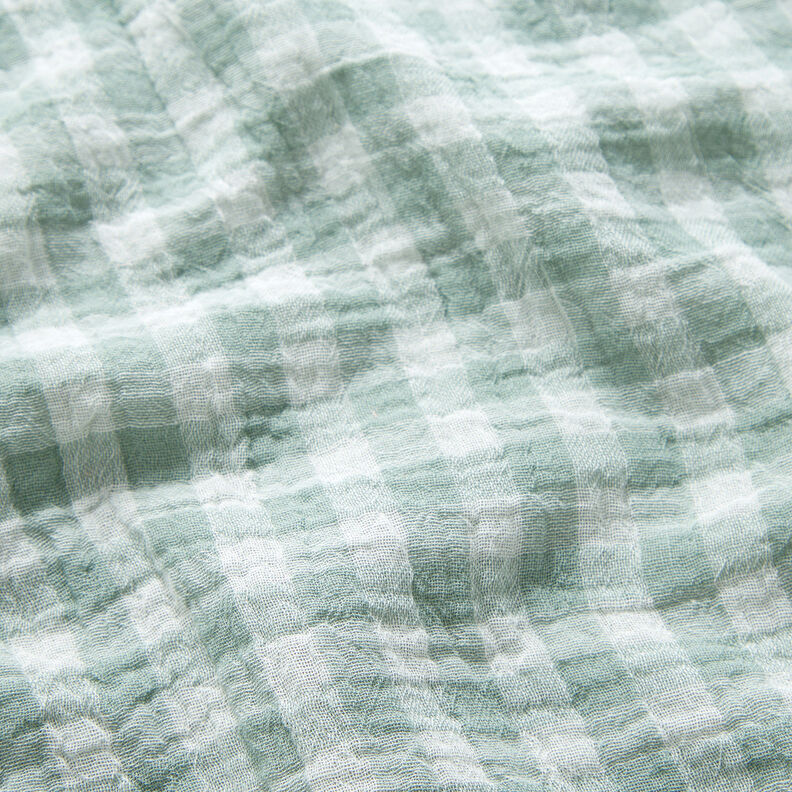 Muślin / Tkanina double crinkle kratka Vichy z barwionej przędzy – zieleń trzcinowa/biel,  image number 3