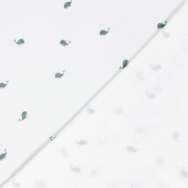 Muślin / Tkanina double crinkle małe wieloryby – kość słoniowa/szary błękit,  image number 4