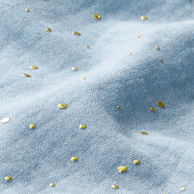Muślin bawełniany w rozproszone złote plamki – jasnoniebieski/złoto,  image number 2