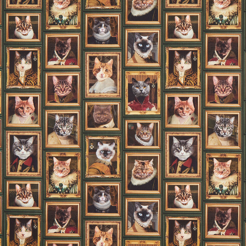 Tkanin dekoracyjna Half panama portrety kotów – ciemna zieleń/złoto,  image number 1