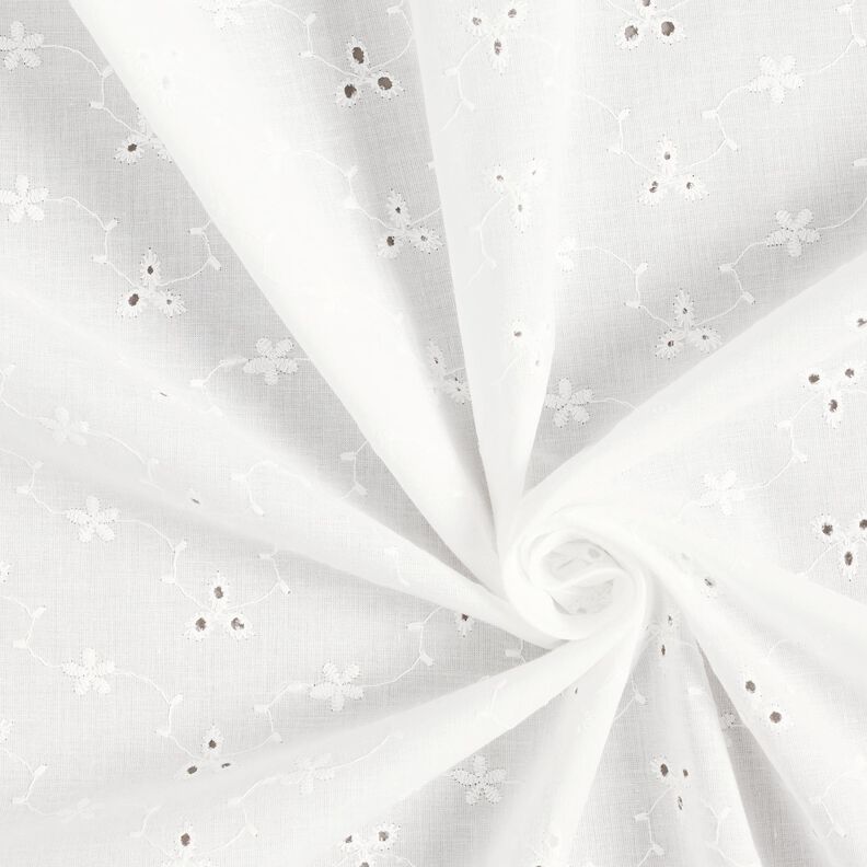 Tkanina bawełniana z haftem dzierganym w kwiaty i gałązki – biel,  image number 3