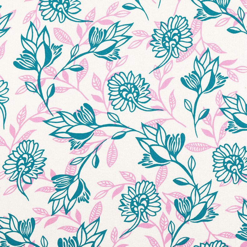 Mieszanka wiskozy i lnu kwiaty | Poppy Fabrics – kość słoniowa/turkus,  image number 1