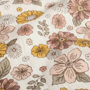 Muślin / Tkanina double crinkle kwiaty retro – biel, 