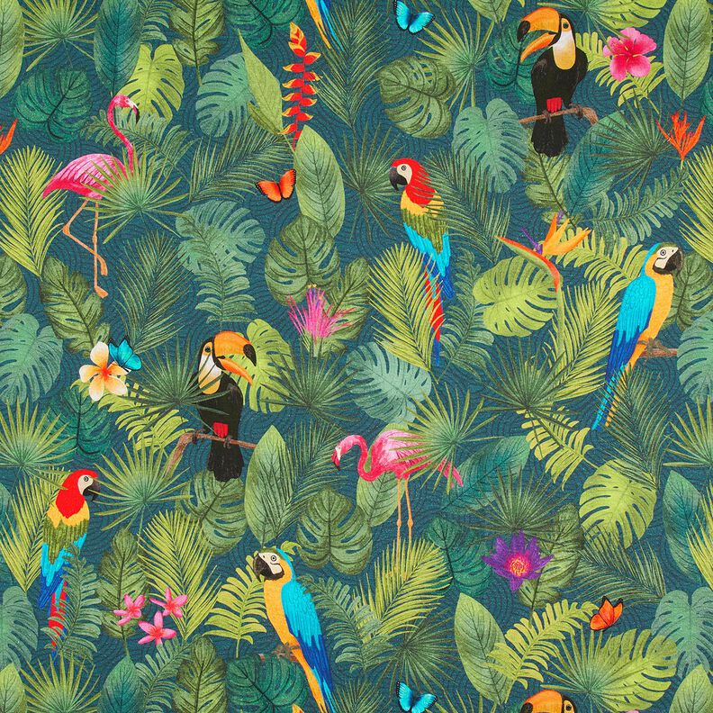 Tkanin dekoracyjna Half panama tropikalne ptaki – ciemna zieleń/czerwień,  image number 1