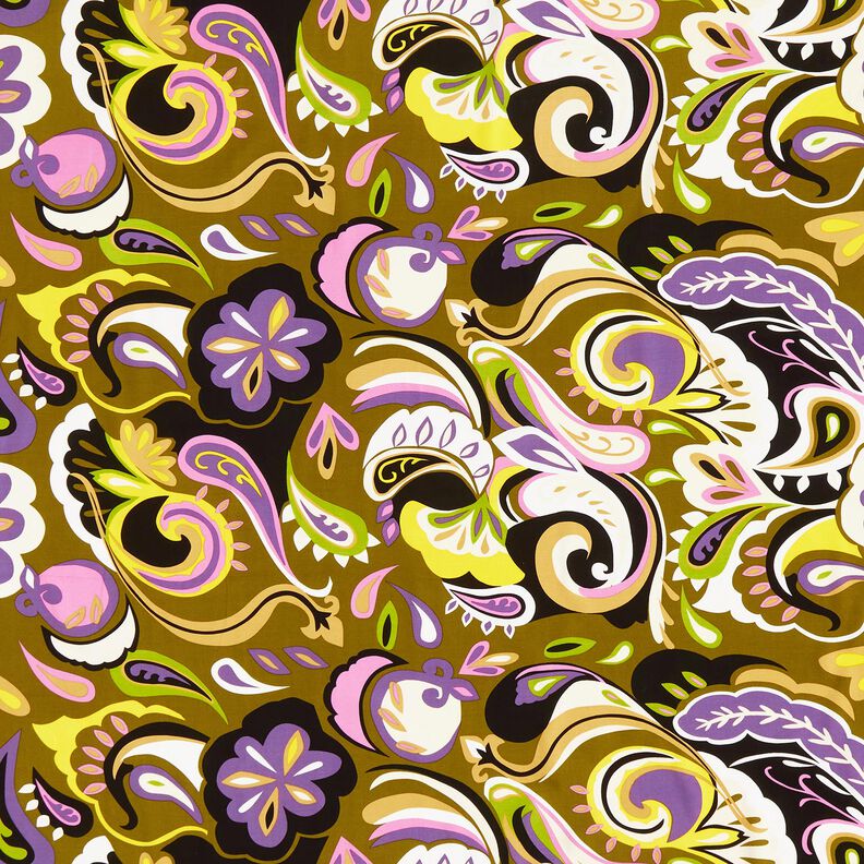 Tkanina wiskozowa kwiaty retro – oliwka/lilia,  image number 1