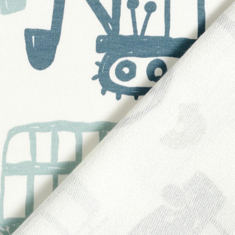 Dzianina dresowa p?telkowa French Terry rysunkowe pojazdy &ndash; biel/b??kit,  image number 4