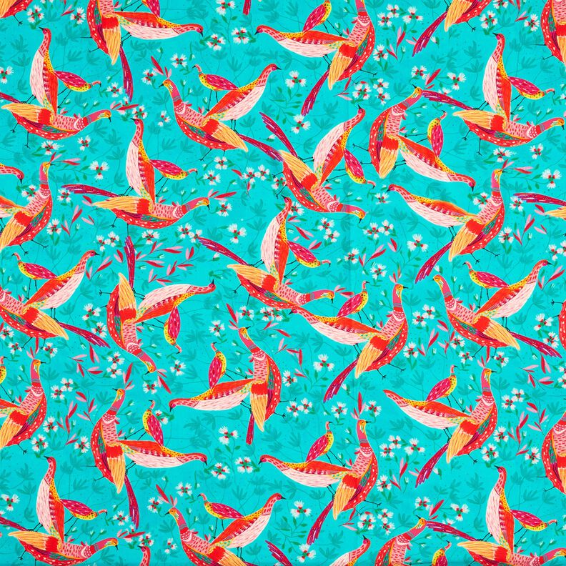 Plażowa tkanina wiskozowa w pawie i kwiaty – błękit morski/intensywny róż,  image number 1