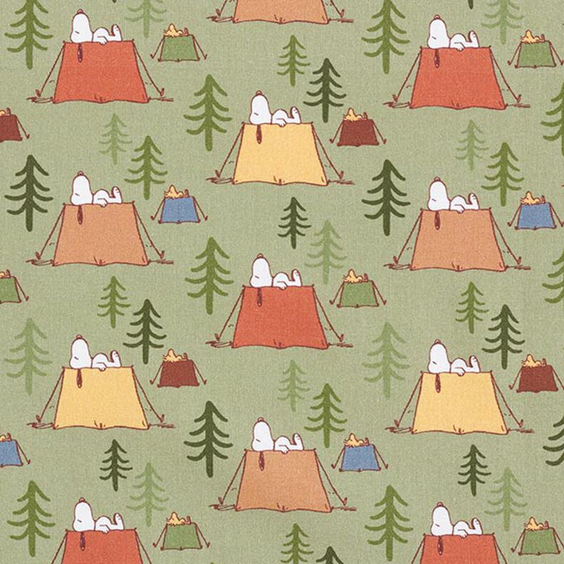 Popelina bawełniana tkanina na licencji Snoopy i Woodstock przy namiotach | Peanuts ™ – pistacja,  image number 1
