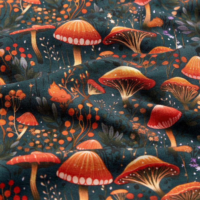 Dzianina dresowa pętelkowa French Terry magiczny grzybowy las nadruk cyfrowy &ndash; ciemna zieleń,  image number 2