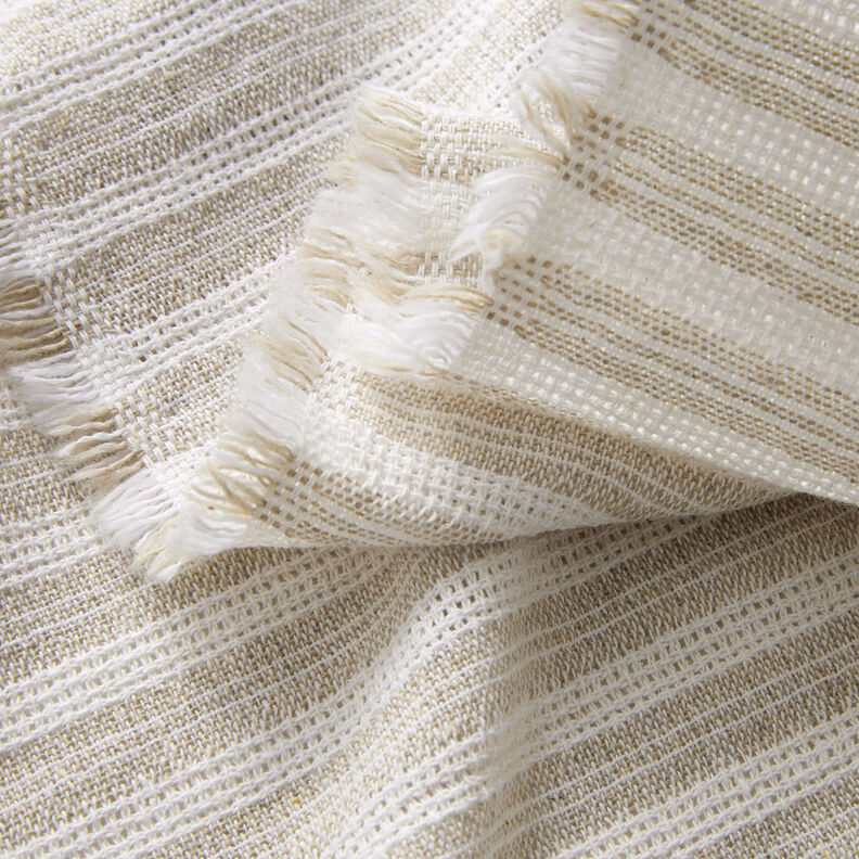 Tkanina bawełniana o strukturze siatki w poprzeczne paski – beż/biel,  image number 3