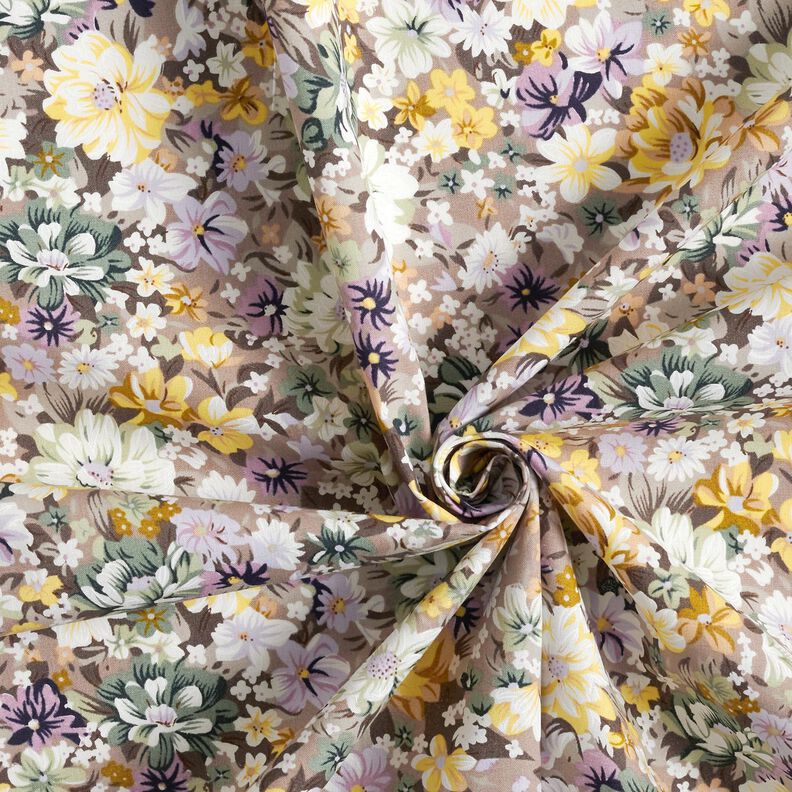 Popelina bawełniana romantyczne kwiaty – fioletowo-szary/złoto,  image number 3