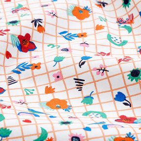 Tkanina bawełniana Kreton kratka z kwiatami – biel/mięta pieprzowa, 