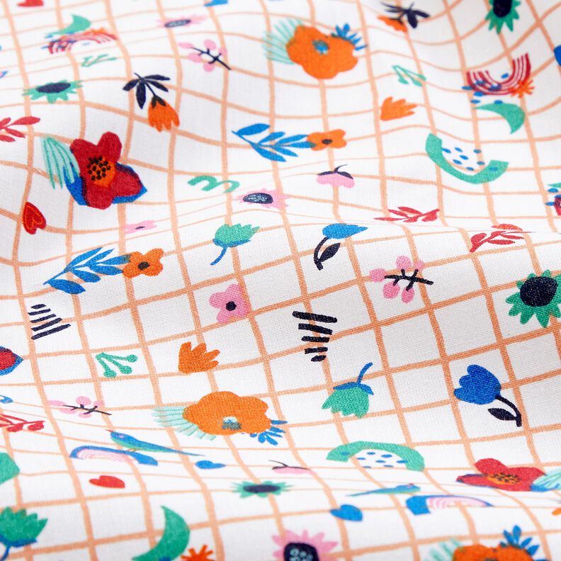 Tkanina bawełniana Kreton kratka z kwiatami – biel/mięta pieprzowa,  image number 2