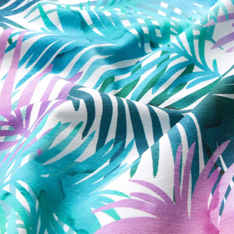 Dżersej bawełniany kolorowe liście palmowe | Glitzerpüppi – biel,  image number 1